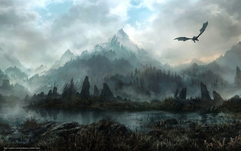 Dragon over misty mountains
