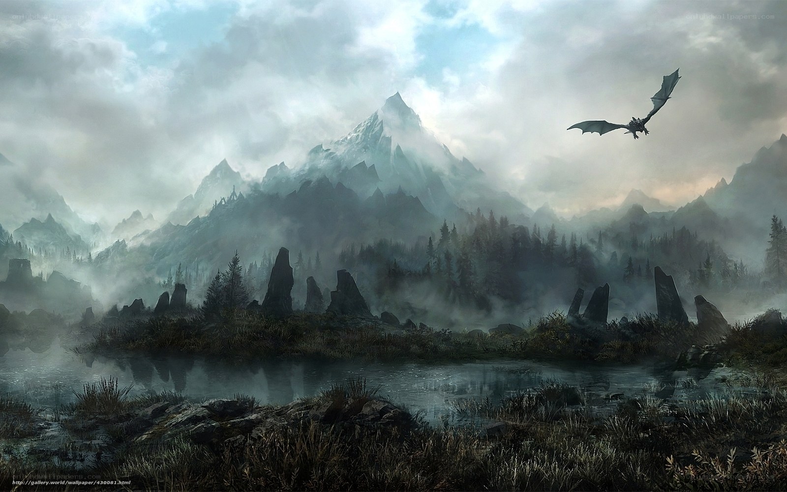 Dragon over misty mountains