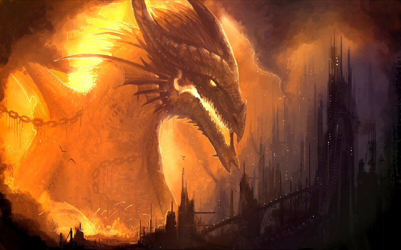 Dragon over Ruined City — Orange