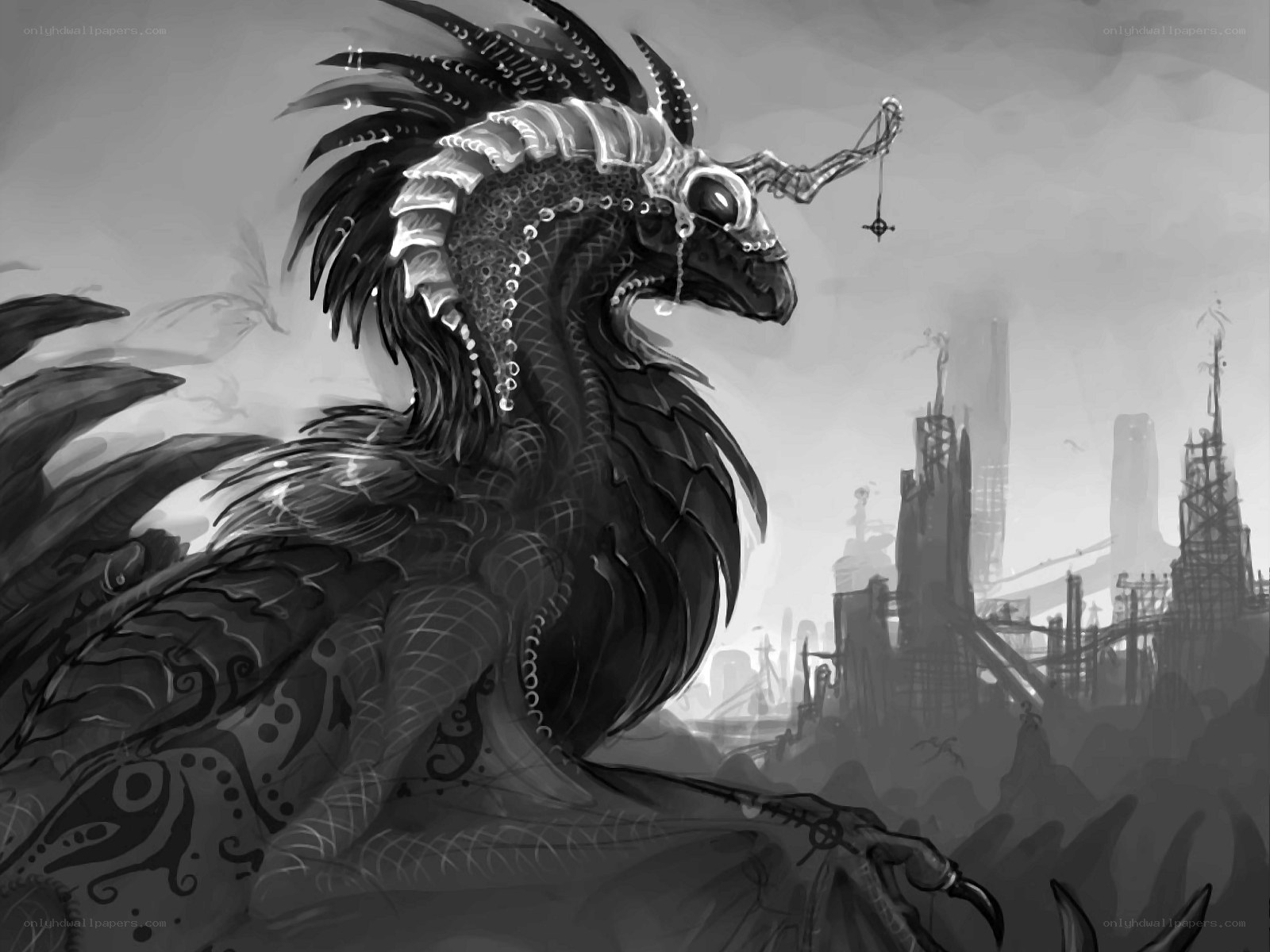 dragon over ruined city