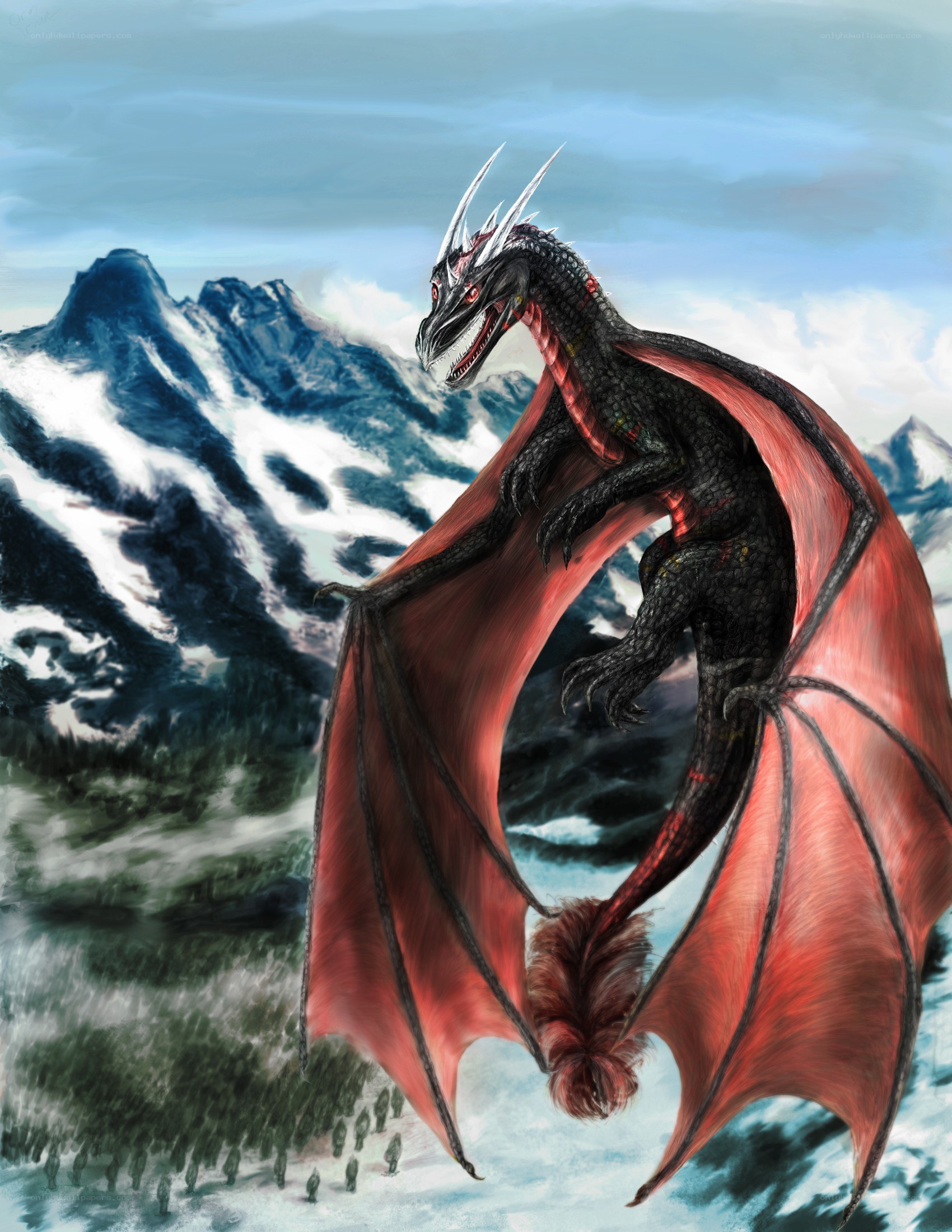 dragon over snowy mountains