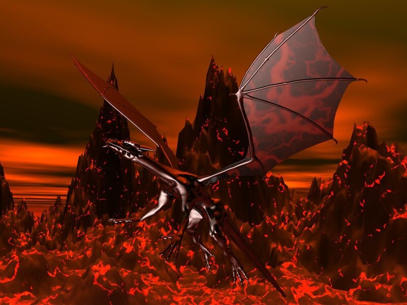 dragon over volcanic landscape