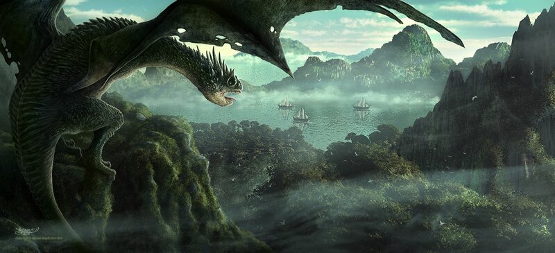 Dragon overlooking a misty bay