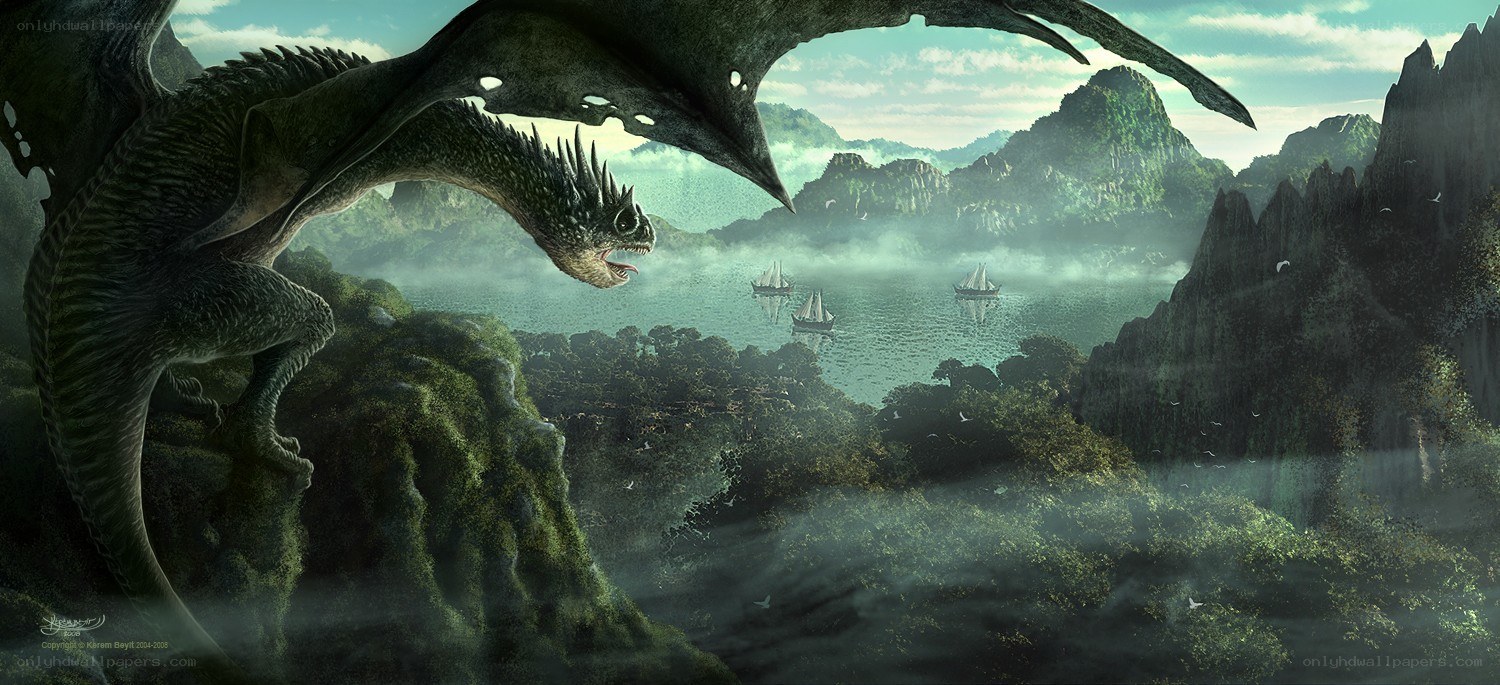 Dragon overlooking a misty bay