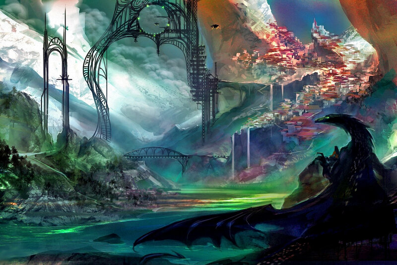 Dragon Overlooking City — Green