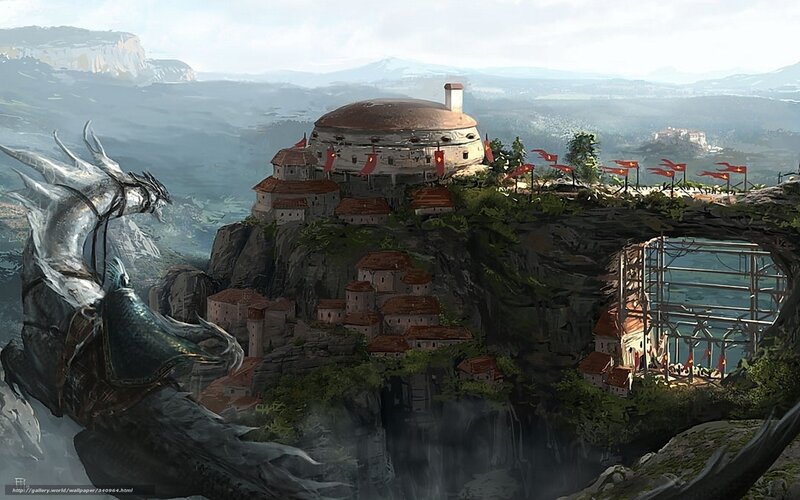 Dragon overlooking cliffside fortress