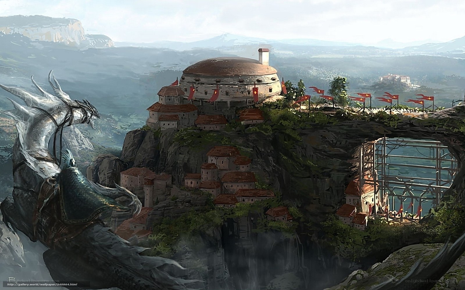 Dragon overlooking cliffside fortress