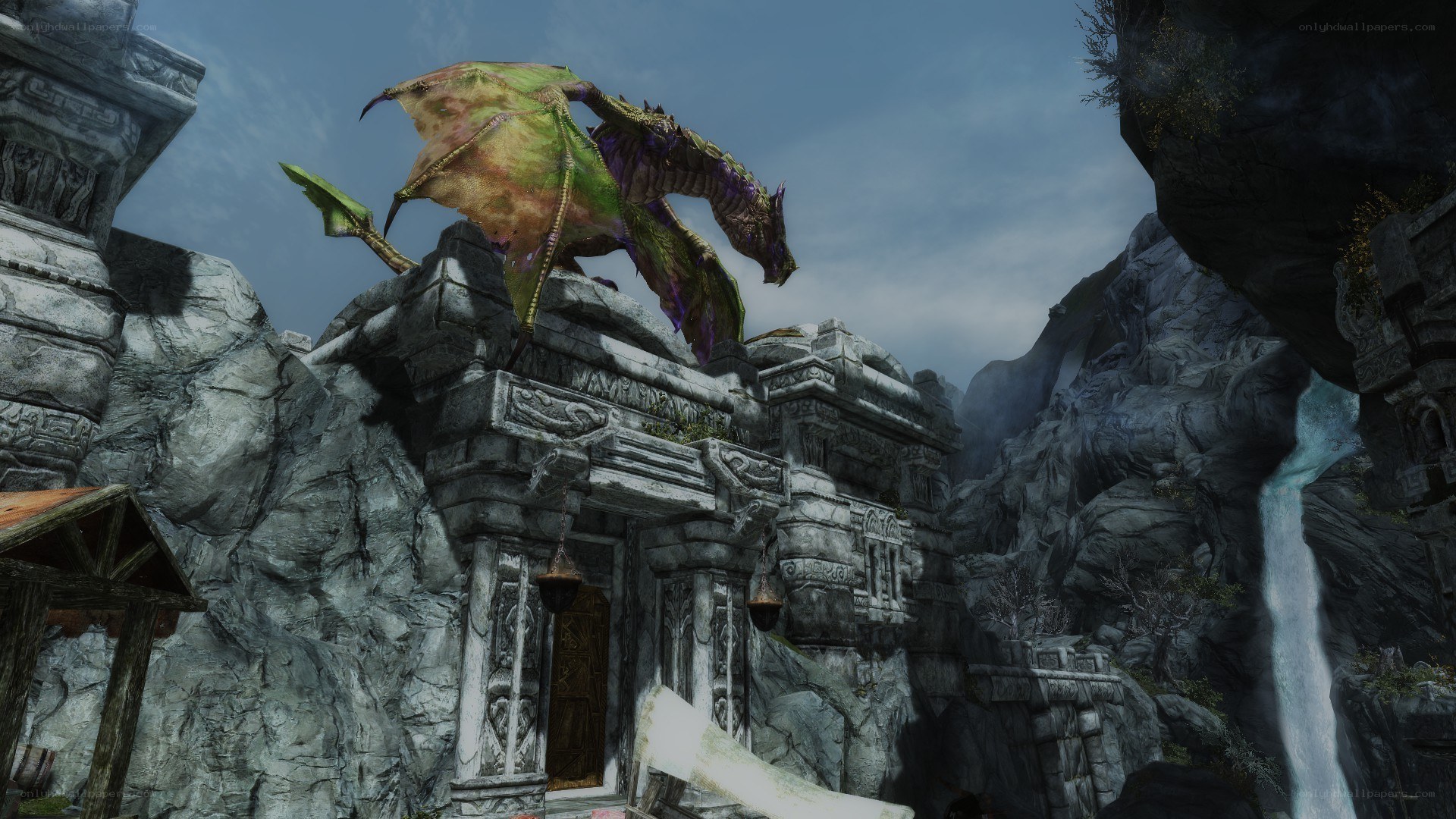dragon perched on ancient ruins