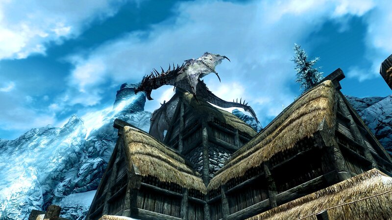 Dragon perched on village roof