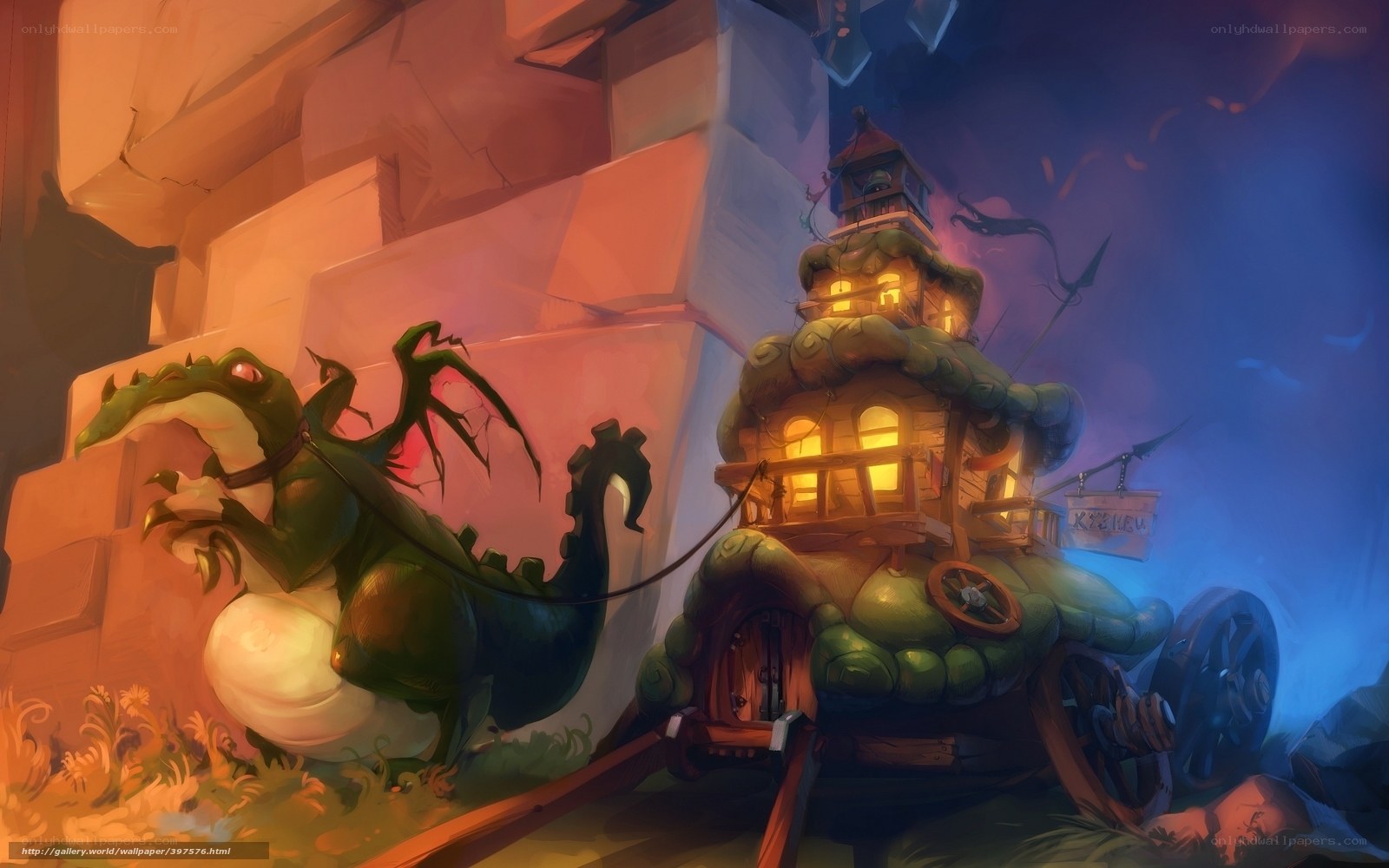 Dragon pulling a house cart