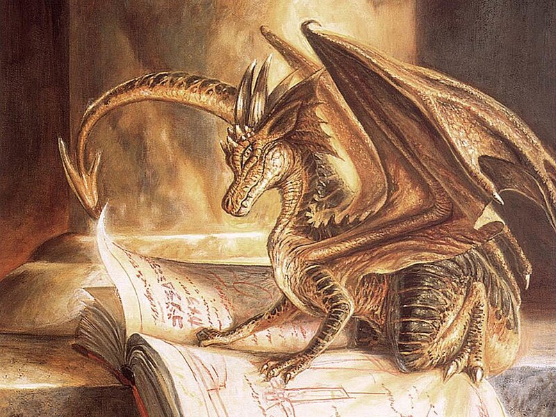 dragon reading ancient book