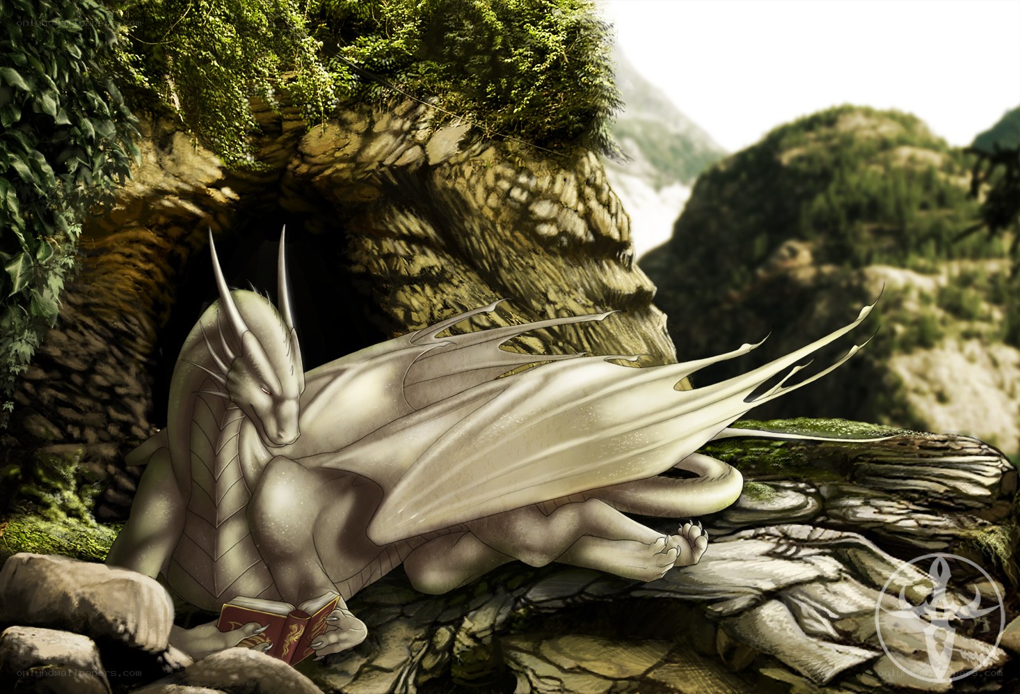 dragon reading in a cave