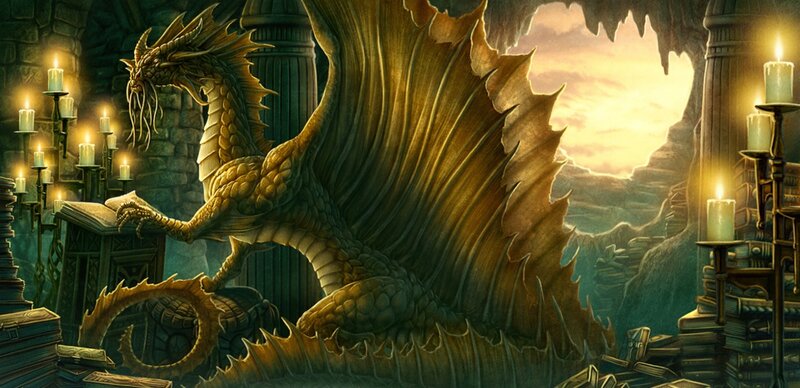 dragon reading in a library