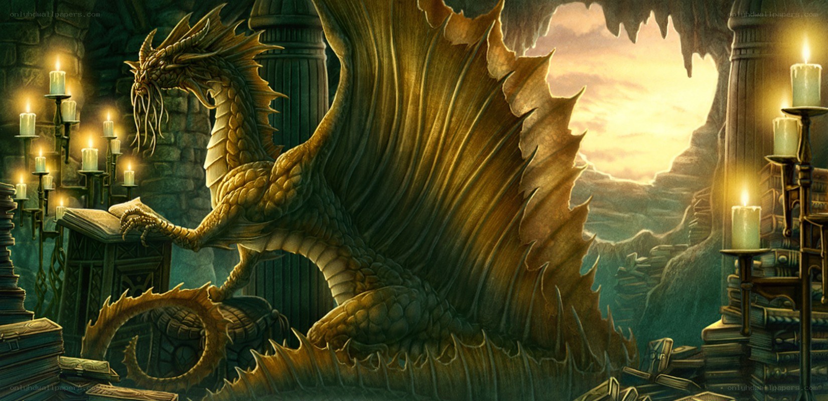 dragon reading in a library