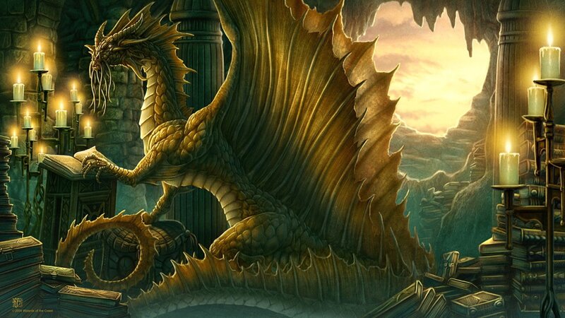 dragon reading in a library