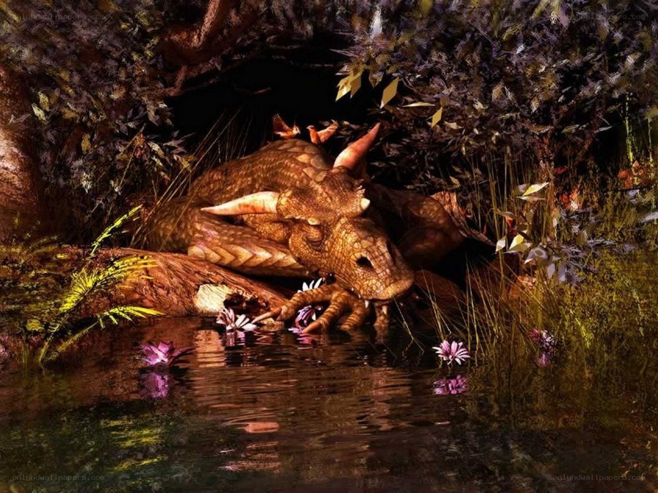 Dragon resting by a pond