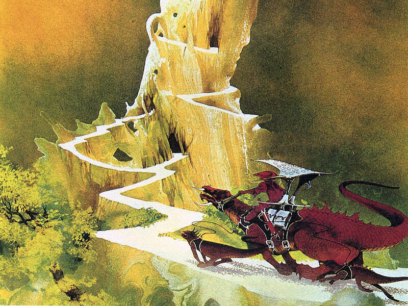 Dragon rider approaching a cliffside castle