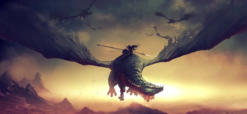 dragon rider at sunset