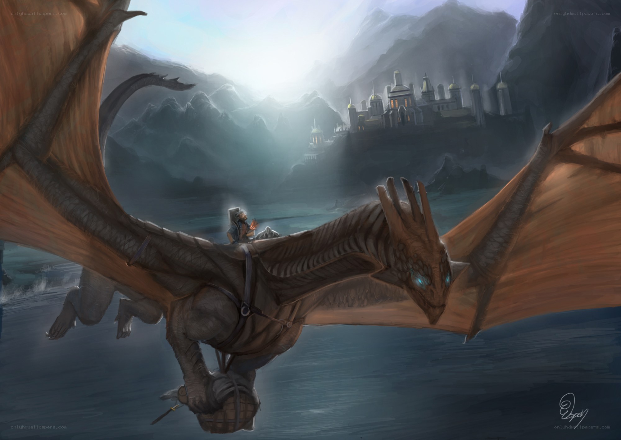 dragon rider flying over castle