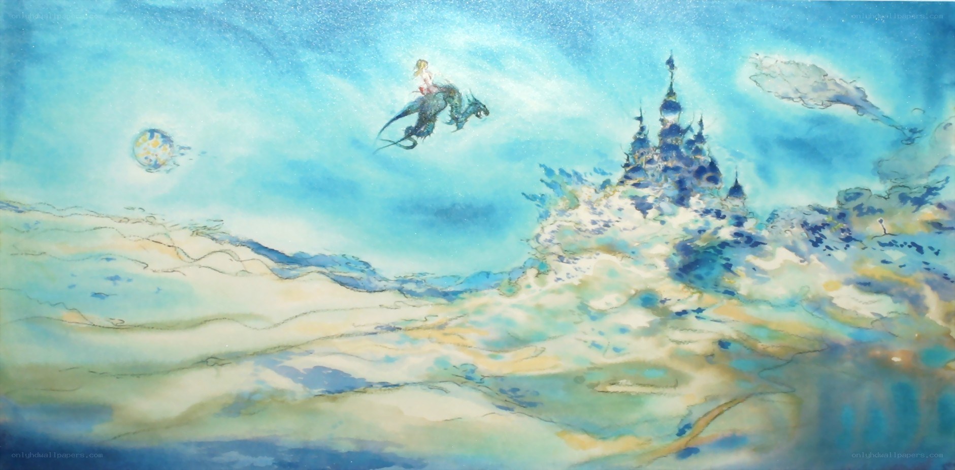 dragon rider flying to castle