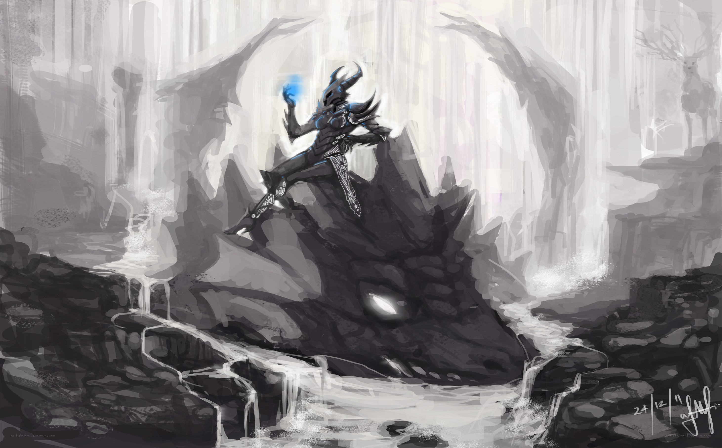 dragon rider in a misty cave