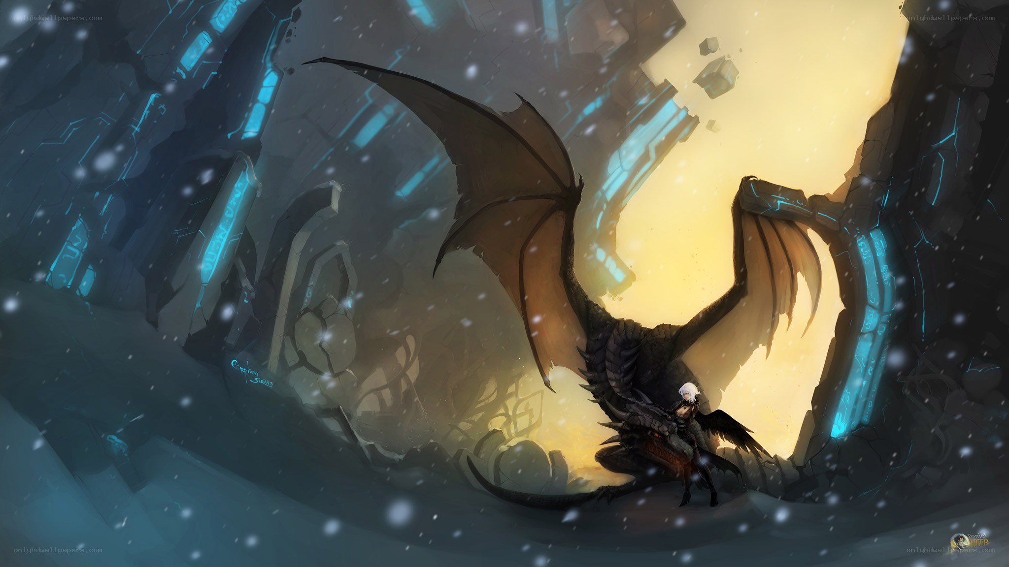 dragon rider in a ruined temple