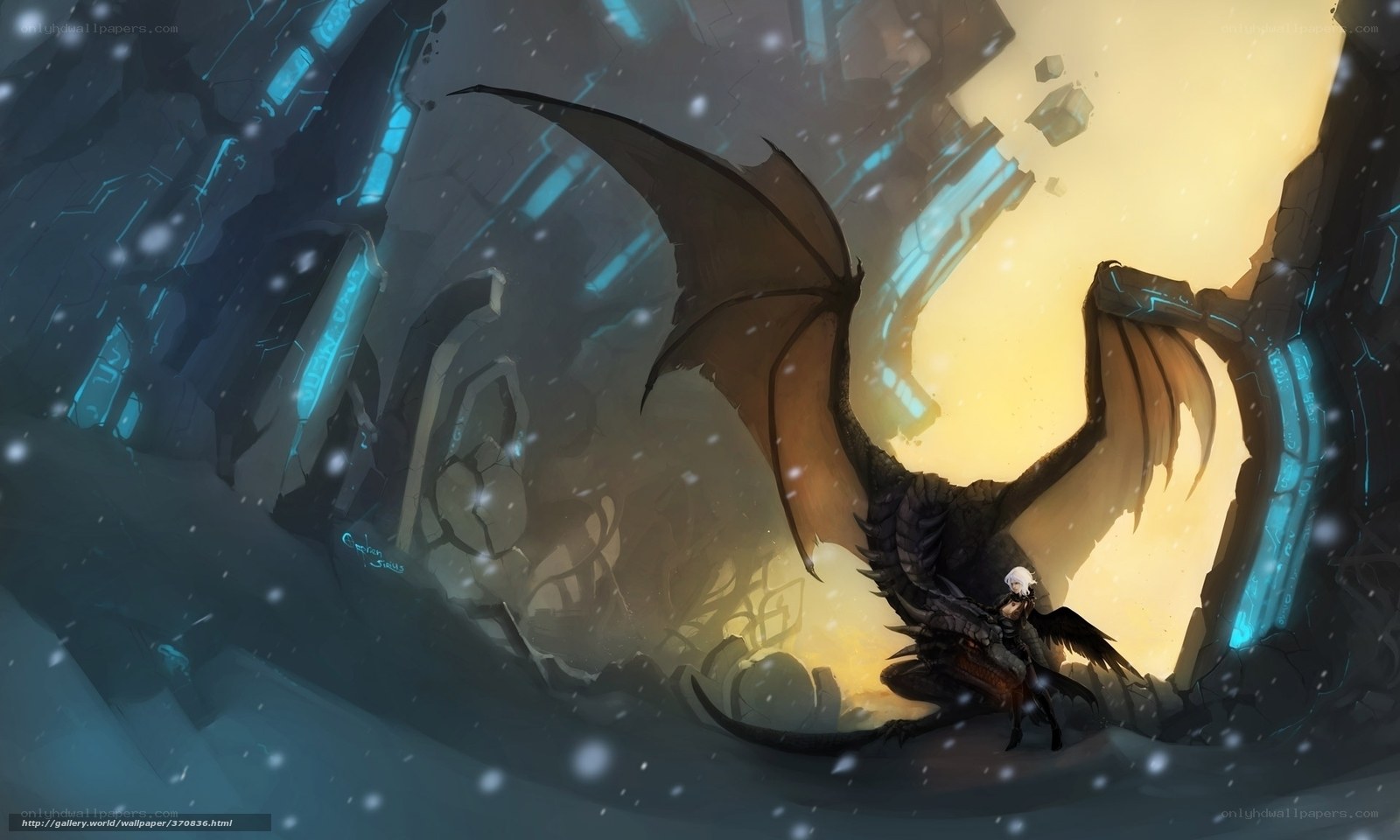 dragon rider in ancient ruins