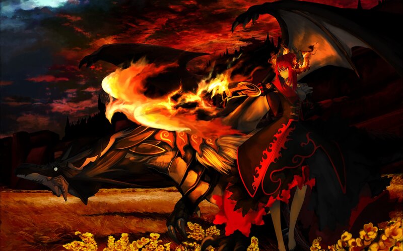 dragon rider in fiery landscape