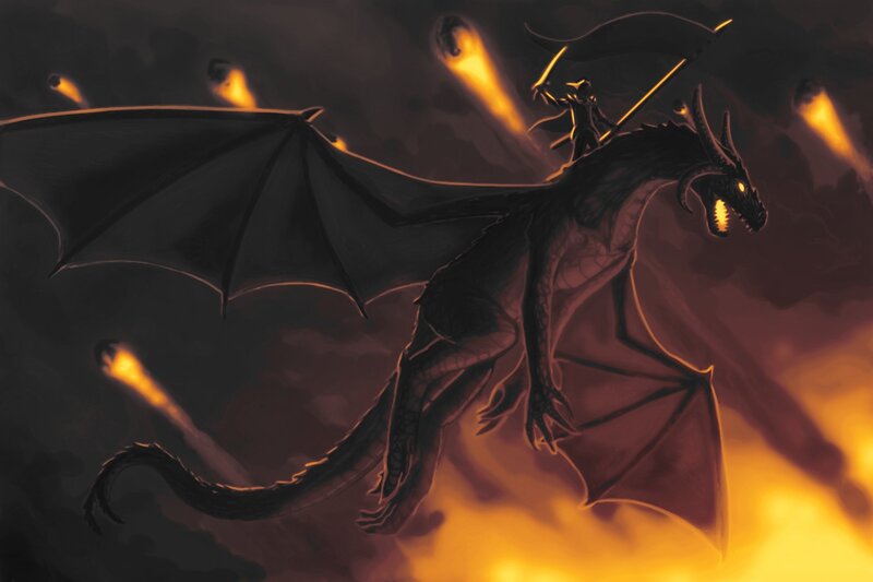 dragon rider in fiery sky