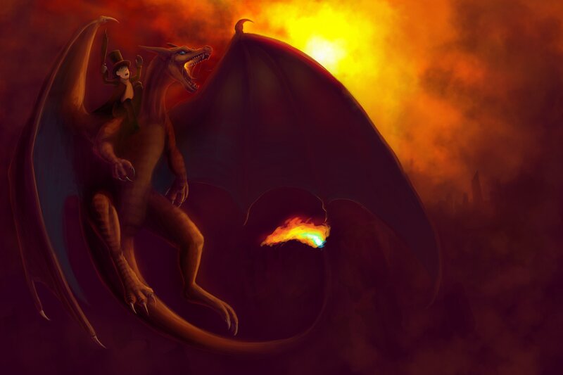 dragon rider in fiery sky
