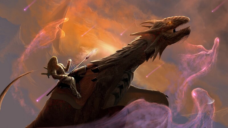 dragon rider in fiery sky