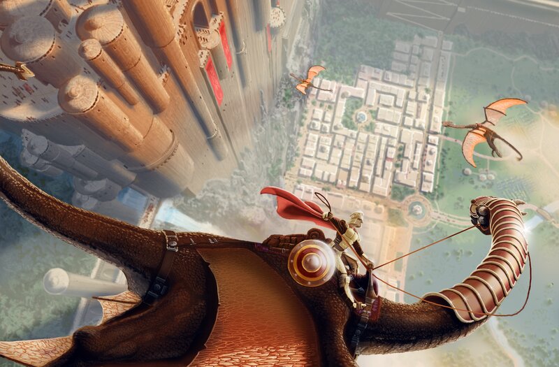 Dragon Rider in Flight — Brown, Dramatic