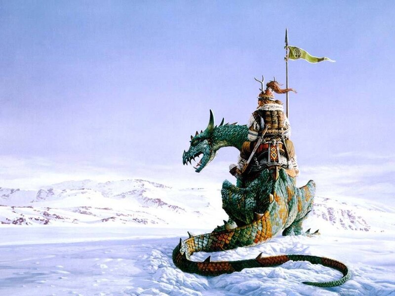 dragon rider in snowy landscape
