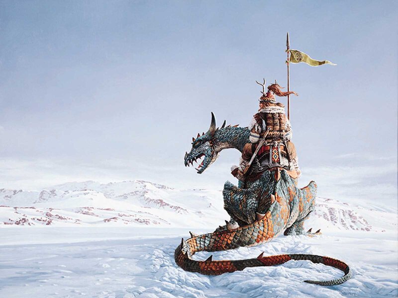 Dragon rider in snowy landscape