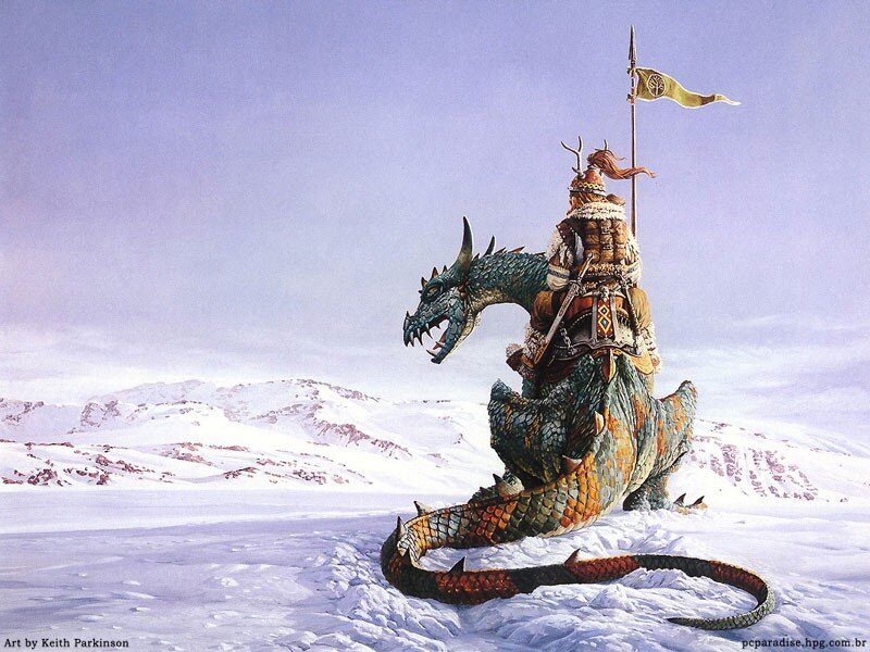 Dragon rider in snowy landscape