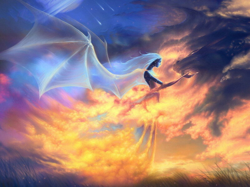 dragon rider in sunset sky