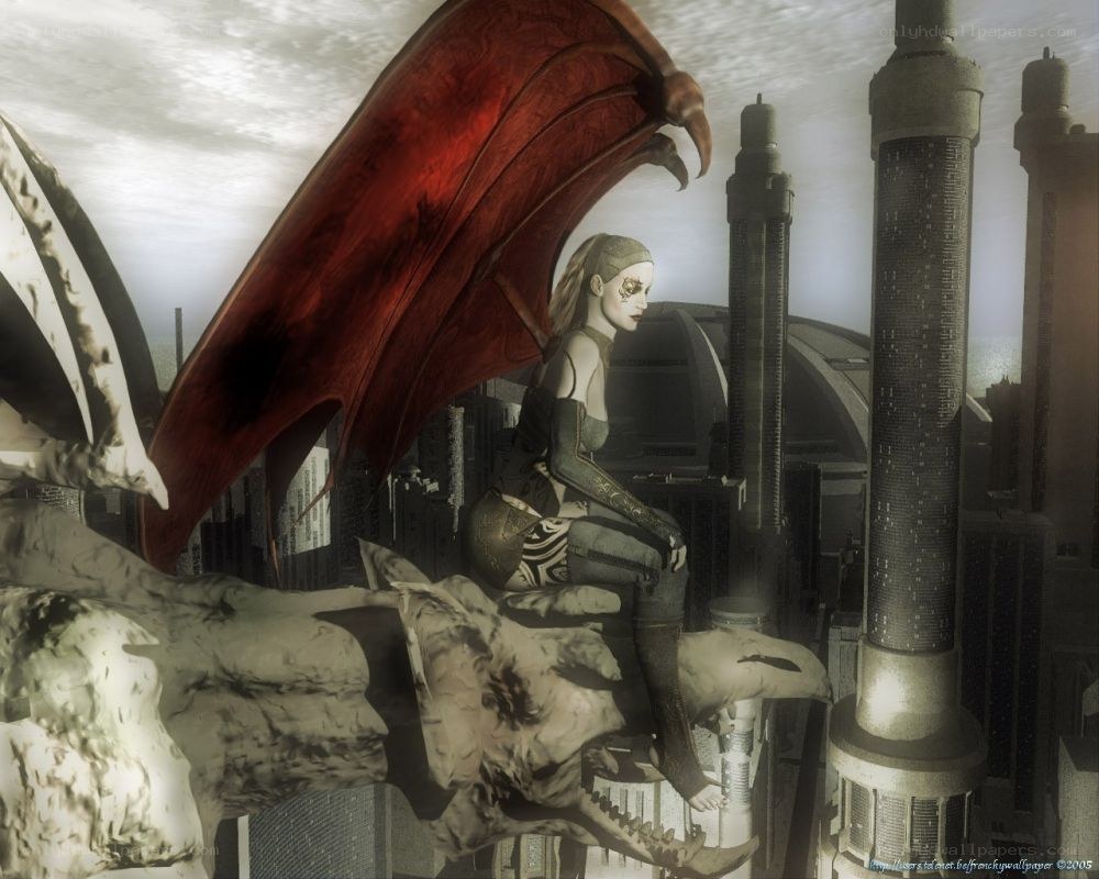 dragon rider on a cityscape