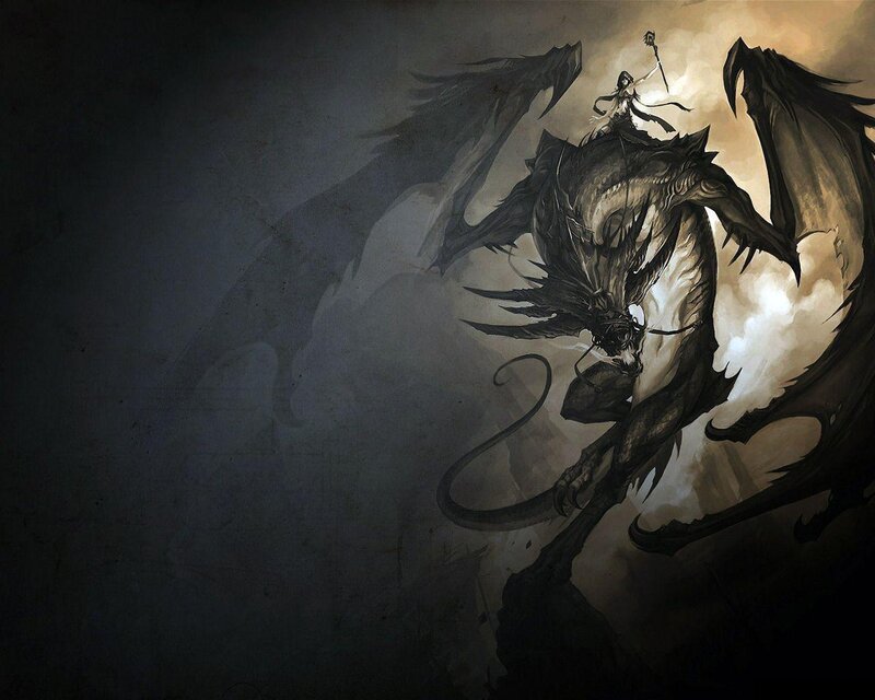 Dragon Rider on a Dragon — Black, Dramatic, Digital Art, Staff