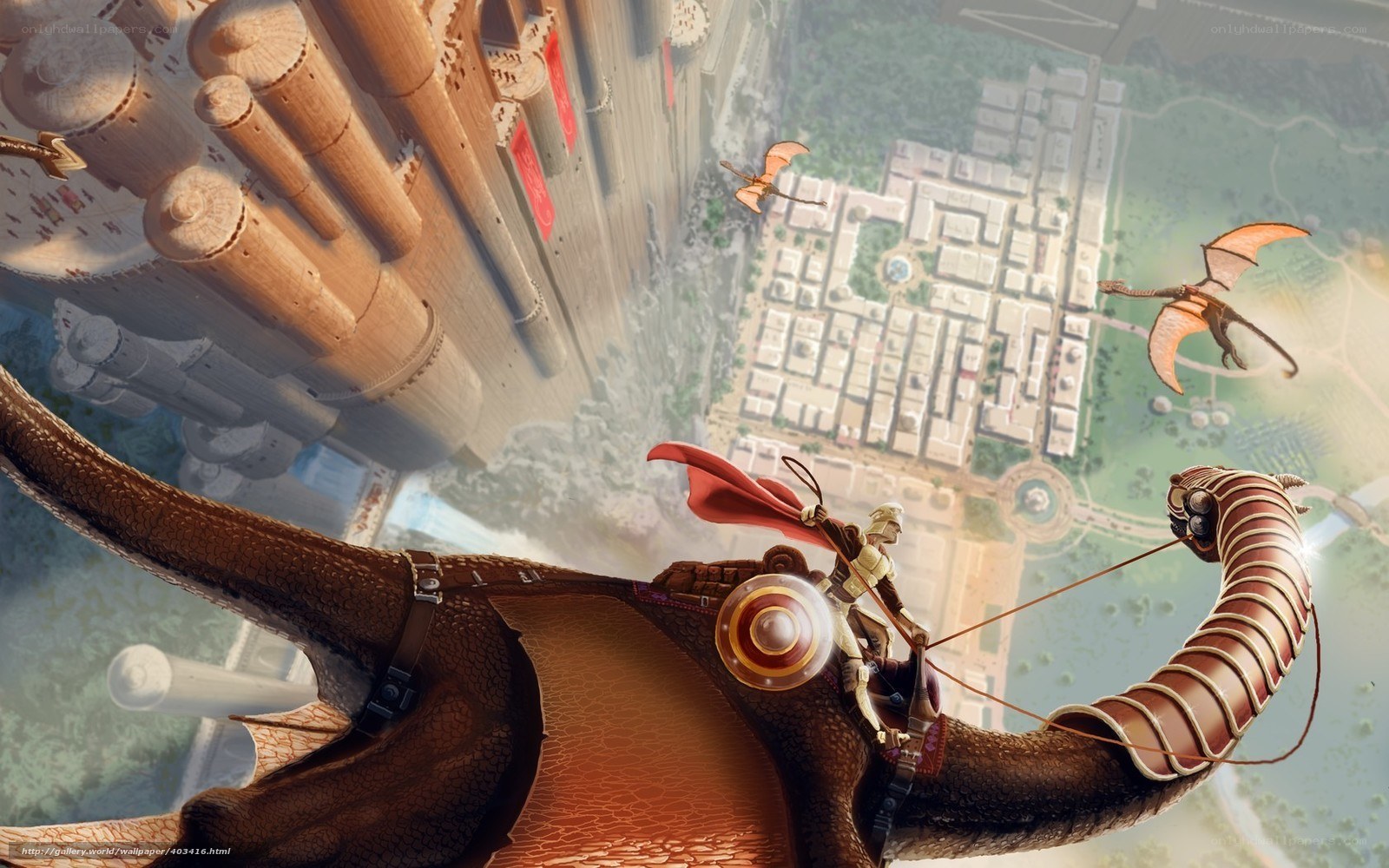dragon rider over a city