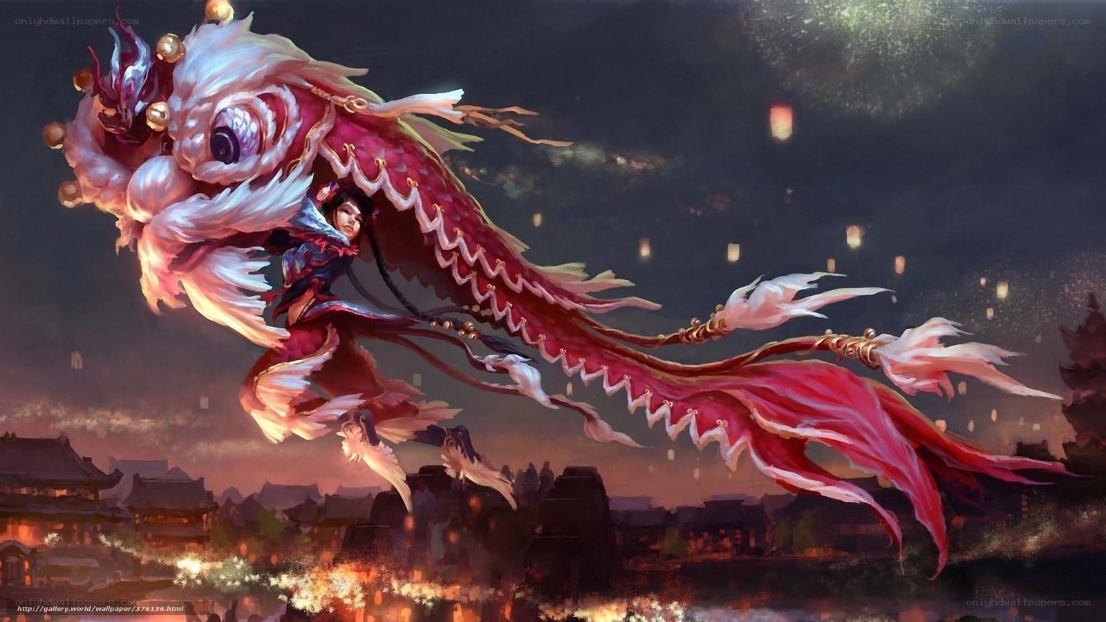 Dragon rider over ancient city