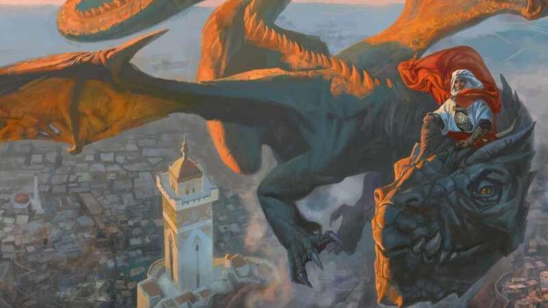 dragon rider over city