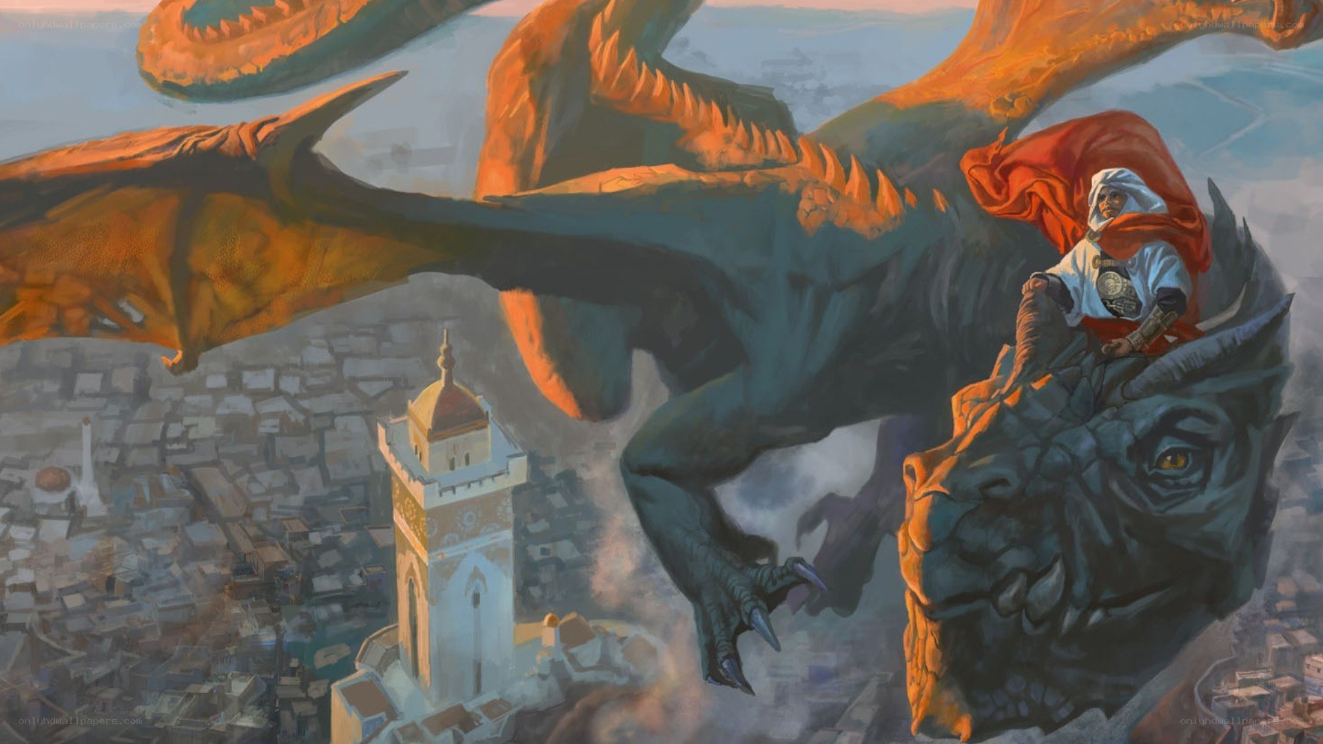 dragon rider over city