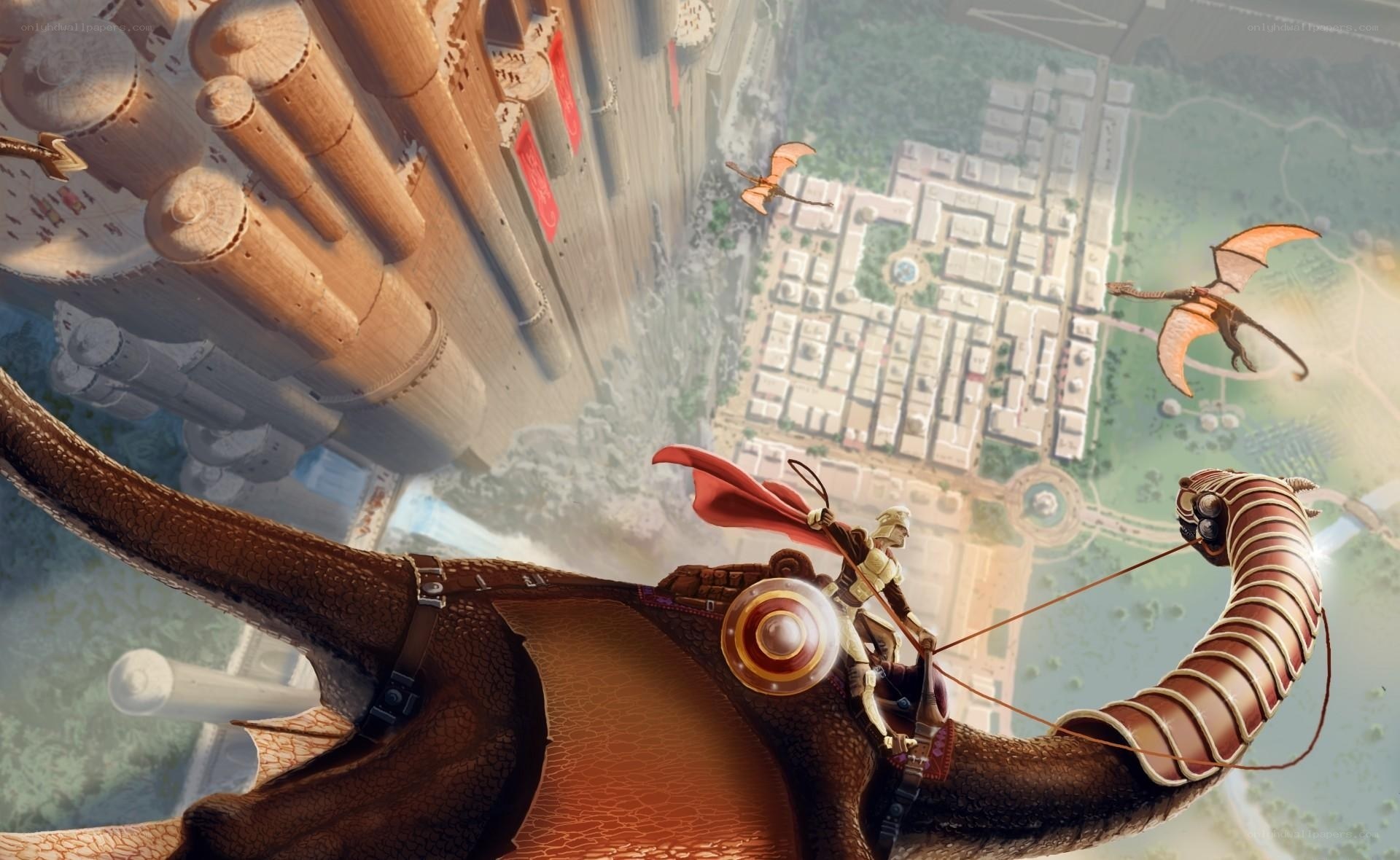 dragon rider over city