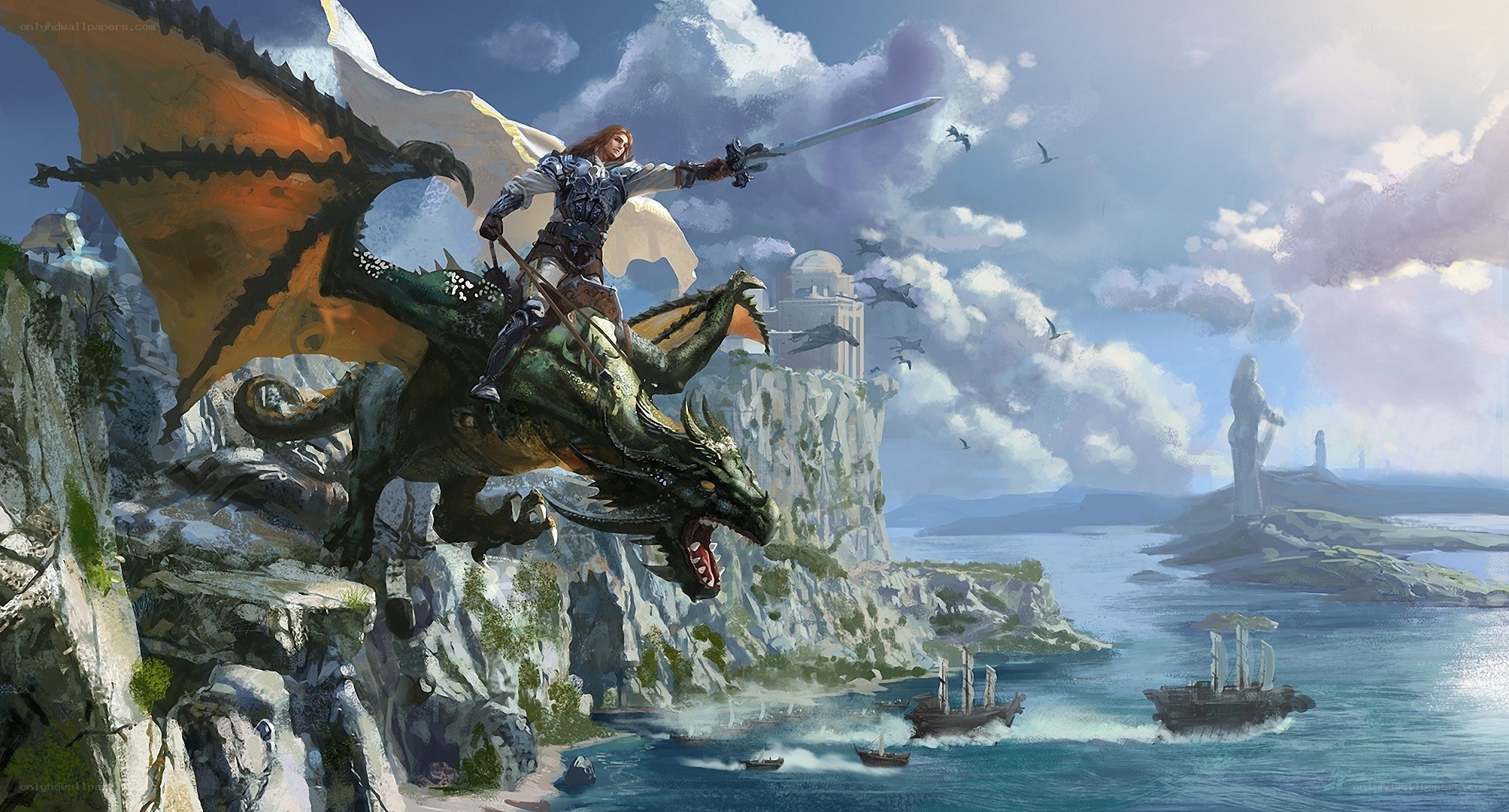 dragon rider over coastal cliffs
