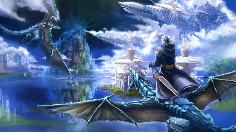 dragon rider over fantasy city