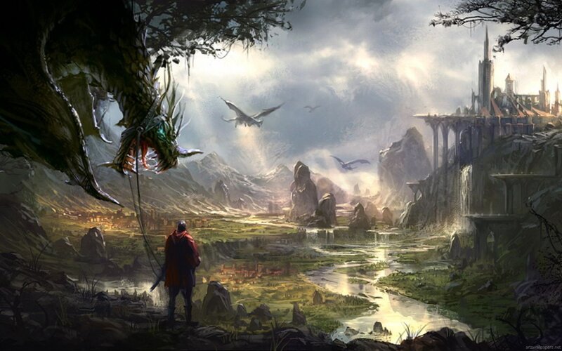 dragon rider overlooks fantasy realm