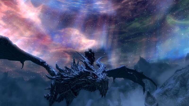 dragon rider under aurora sky