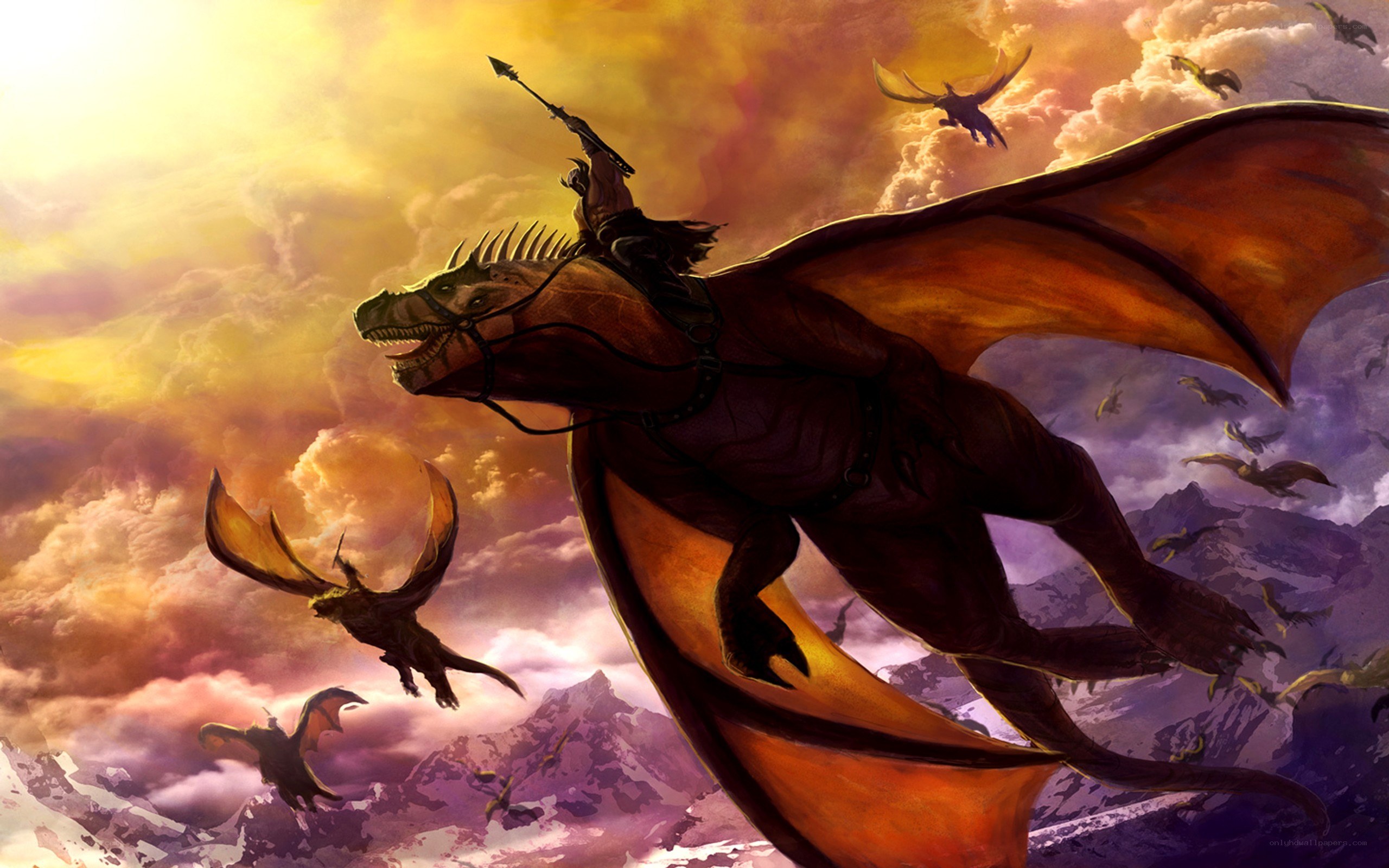 dragon riders in sunset sky
