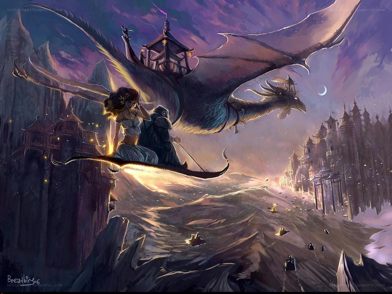 Dragon riders over a fantasy city