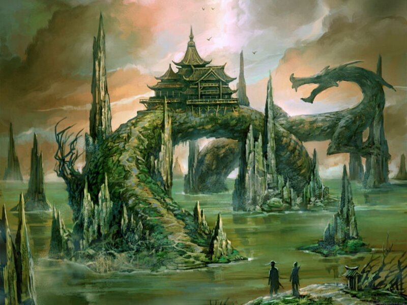 Dragon-shaped island with temple